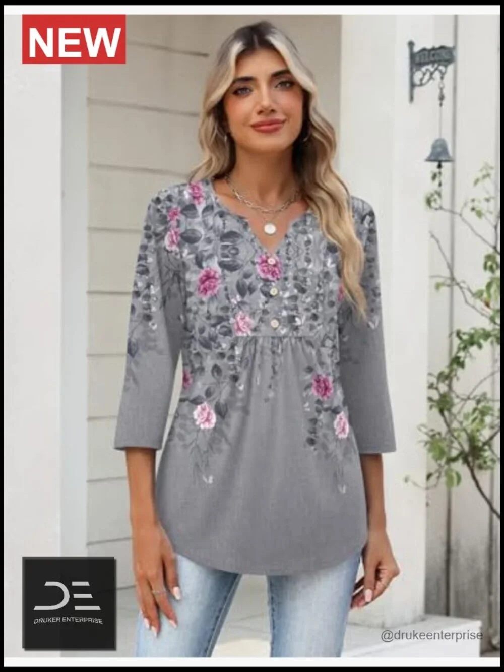 Womens 3/4 Sleeve V Neck Pleated Tunic Tops Dressy Casual Blouses - Picture 2 of 7